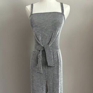 Caution to the Wind Black & White Striped Smocked Jumpsuit with Waist Tie
